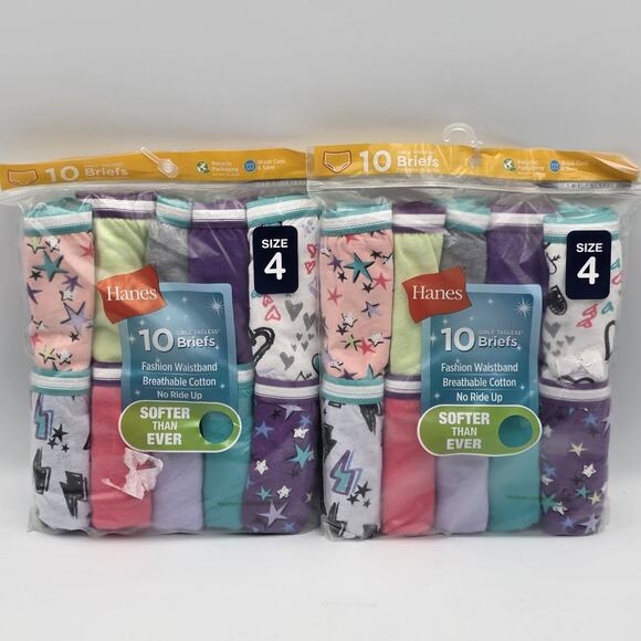 Lot Of 2 Hanes Girls Tagless Super Soft Cotton Briefs 10 pack Size 4 - Picture 1 of 2